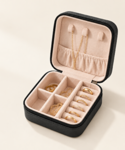 Compact Travel Jewelry Case, PU Leather Zip Organizer with Ring Rolls and Necklace Hooks