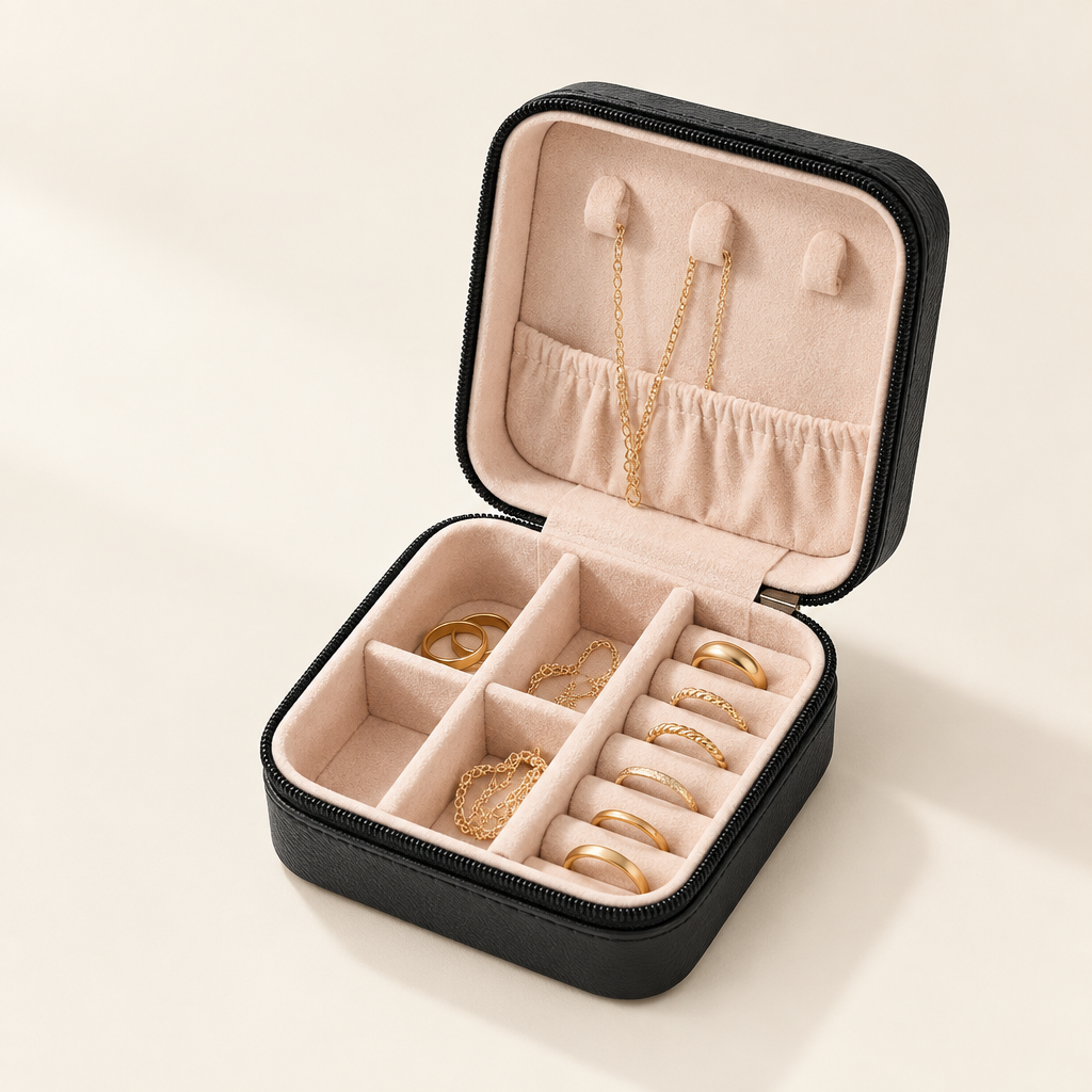 Compact Travel Jewelry Case, PU Leather Zip Organizer with Ring Rolls and Necklace Hooks