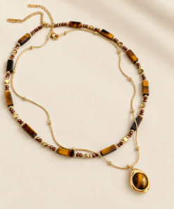 Layered Tiger Eye Necklace, Double Strand Stainless Steel Collarbone Chain