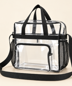 Clear Stadium Tote, Heavy Duty PVC Bag with Mesh Pocket and Crossbody Strap