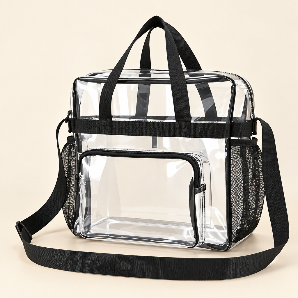 Clear Stadium Tote, Heavy Duty PVC Bag with Mesh Pocket and Crossbody Strap