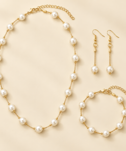 Three Piece Imitation Pearl Set, Layered Necklace, Drop Earrings and Bracelet